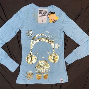 New Harajuku Lovers SnowBunny Baby Blue Shirt Long Sleeve Foil Gwen Top S